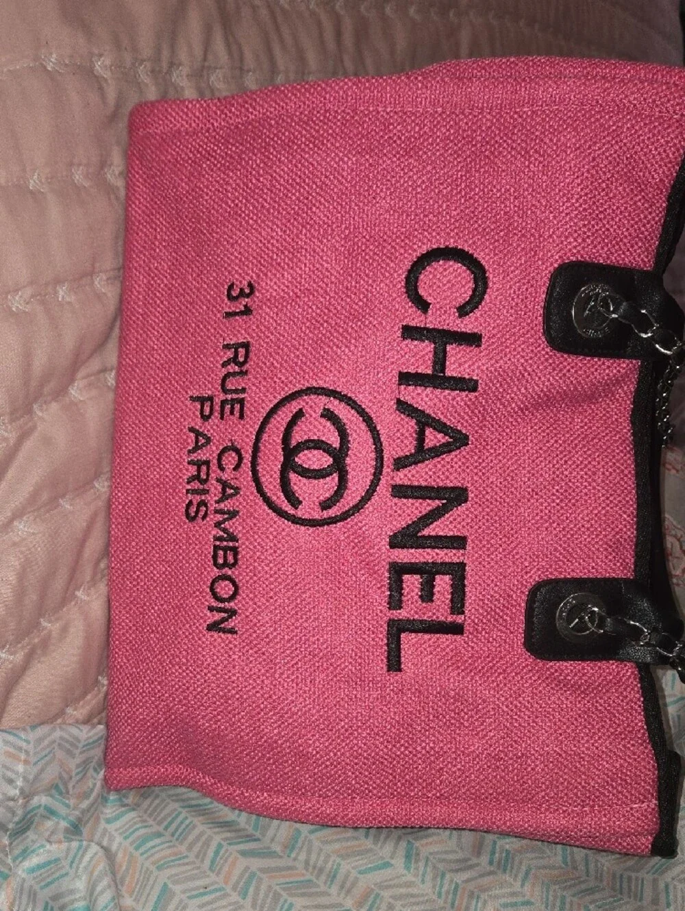 CHANEL Pink Canvas Tote with Black Logo and Trim
